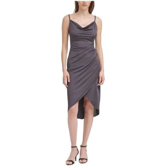 NWT Guess Draped Front Ruched Stretch Midi Faux Wrap Retro Slip Party Dress 12 - Picture 11 of 11